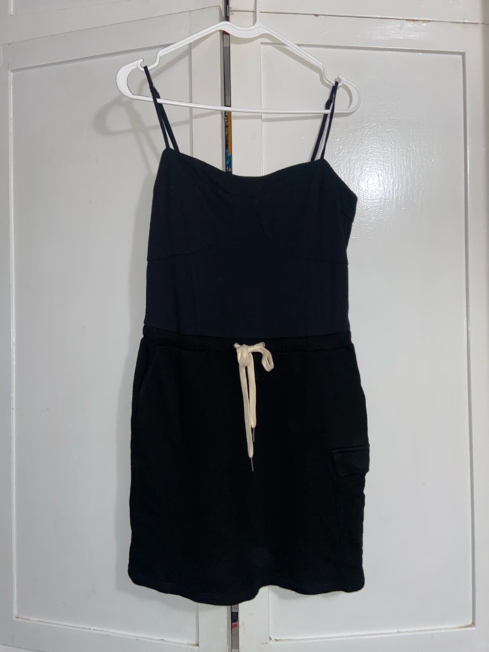 Black Spaghetti-Strap Casual Dress with Drawstring Waist